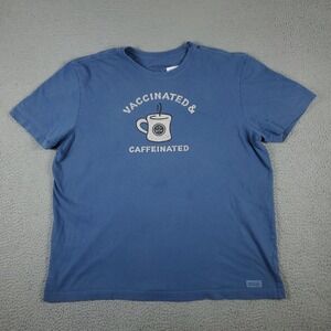 Life Is Good Vaccinated & Caffeinated Blue Short Sleeve T-Shirt Mens Size XL